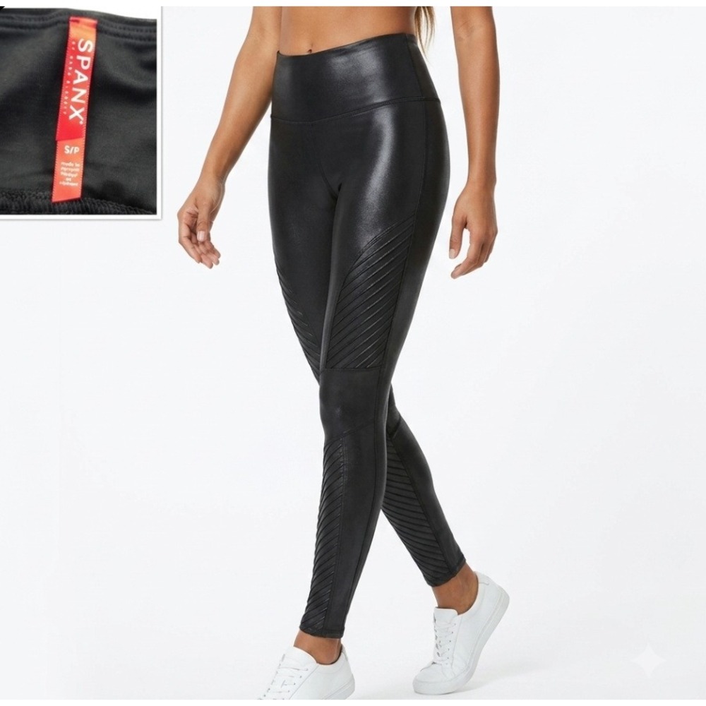 Spanx Moto Faux Leather Leggings Women Small Black High Waisted Ribbed Slimming
